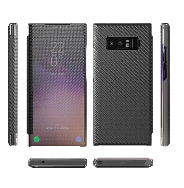 For Samsung Galaxy Note8 Carbon Fiber Texture View Time Horizontal Flip Leather Case with Holder & Touch Call Display ID(Black)