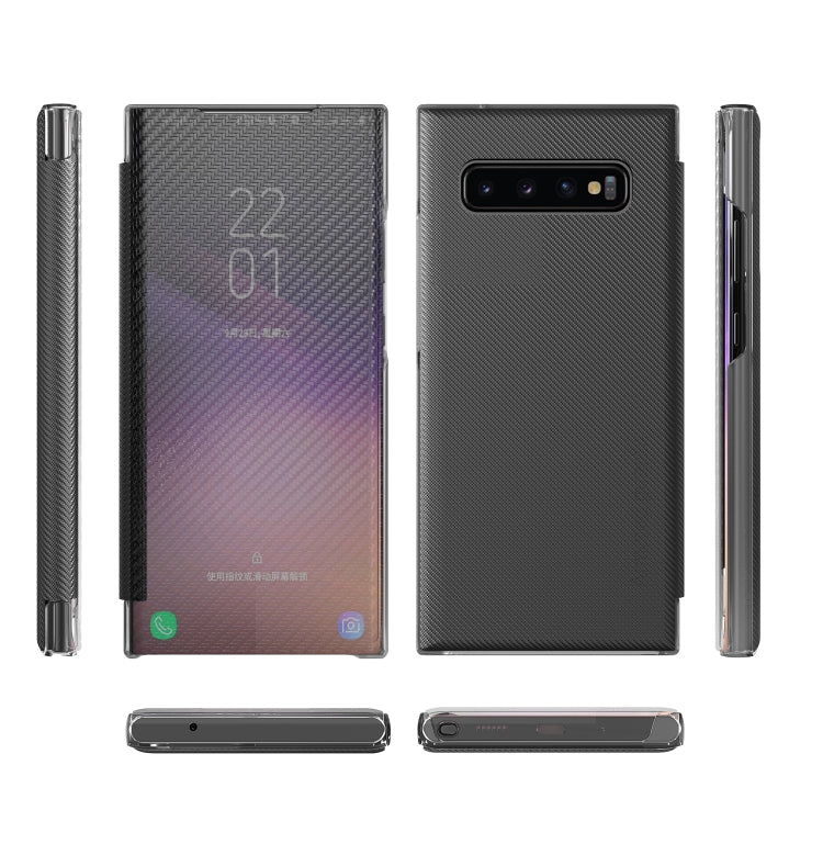 For Samsung Galaxy S10 Carbon Fiber Texture View Time Horizontal Flip Leather Case with Holder & Touch Call Display ID(Black)