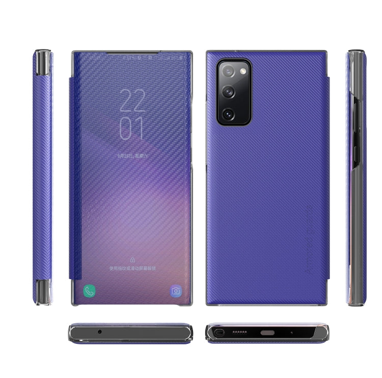 For Samsung Galaxy S20 FE Carbon Fiber Texture View Time Horizontal Flip Leather Case with Holder & Touch Call Display ID(Blue)