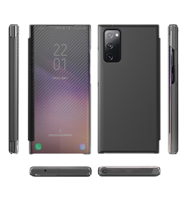For Samsung Galaxy S20 FE Carbon Fiber Texture View Time Horizontal Flip Leather Case with Holder & Touch Call Display ID(Black)