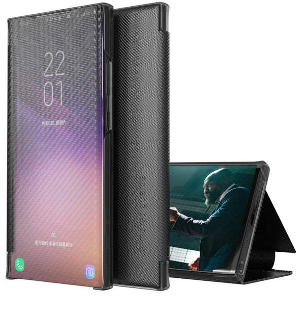 For Samsung Galaxy S20 FE Carbon Fiber Texture View Time Horizontal Flip Leather Case with Holder & Touch Call Display ID(Black)