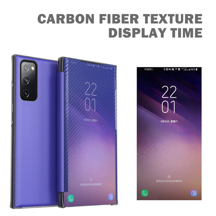 For Samsung Galaxy S20 FE Carbon Fiber Texture View Time Horizontal Flip Leather Case with Holder & Touch Call Display ID(Black)
