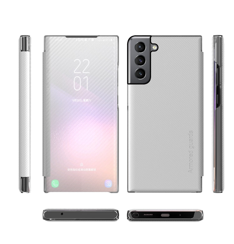 For Samsung Galaxy S21+ 5G Carbon Fiber Texture View Time Horizontal Flip Leather Case with Holder & Touch Call Display ID(White)