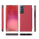 For Samsung Galaxy S21 FE Carbon Fiber Texture View Time Horizontal Flip Leather Case with Holder & Touch Call Display ID(Red)