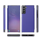 For Samsung Galaxy S21 FE Carbon Fiber Texture View Time Horizontal Flip Leather Case with Holder & Touch Call Display ID(Blue)