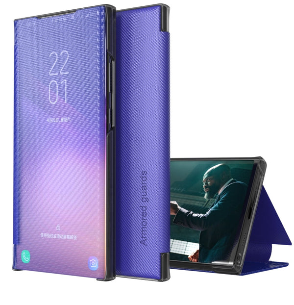For Samsung Galaxy S21 FE Carbon Fiber Texture View Time Horizontal Flip Leather Case with Holder & Touch Call Display ID(Blue)