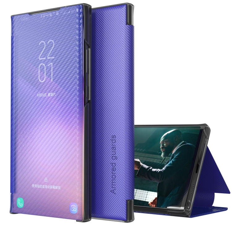 For Samsung Galaxy S21 FE Carbon Fiber Texture View Time Horizontal Flip Leather Case with Holder & Touch Call Display ID(Blue)