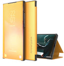 For Samsung Galaxy S21 FE Carbon Fiber Texture View Time Horizontal Flip Leather Case with Holder & Touch Call Display ID(Yellow)