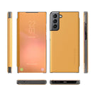 For Samsung Galaxy S21 FE Carbon Fiber Texture View Time Horizontal Flip Leather Case with Holder & Touch Call Display ID(Yellow)