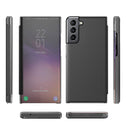 For Samsung Galaxy S21 FE Carbon Fiber Texture View Time Horizontal Flip Leather Case with Holder & Touch Call Display ID(Black)