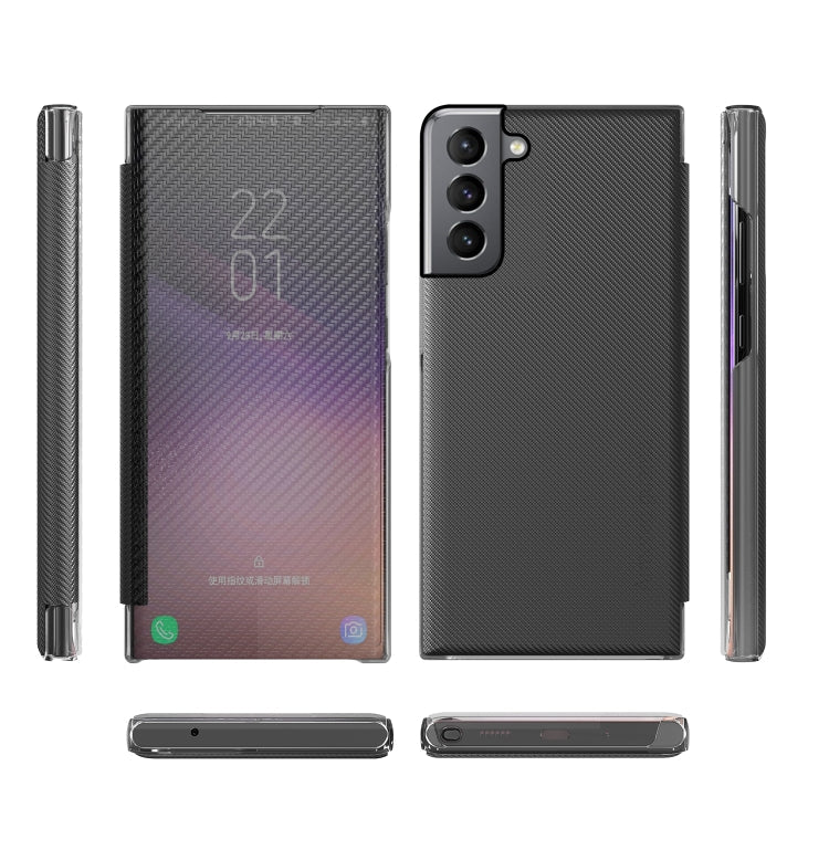 For Samsung Galaxy S21 FE Carbon Fiber Texture View Time Horizontal Flip Leather Case with Holder & Touch Call Display ID(Black)