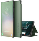 For Samsung Galaxy S21 FE Carbon Fiber Texture View Time Horizontal Flip Leather Case with Holder & Touch Call Display ID(Green)