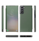 For Samsung Galaxy S21 FE Carbon Fiber Texture View Time Horizontal Flip Leather Case with Holder & Touch Call Display ID(Green)