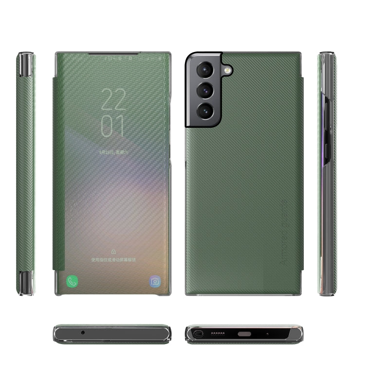 For Samsung Galaxy S21 FE Carbon Fiber Texture View Time Horizontal Flip Leather Case with Holder & Touch Call Display ID(Green)