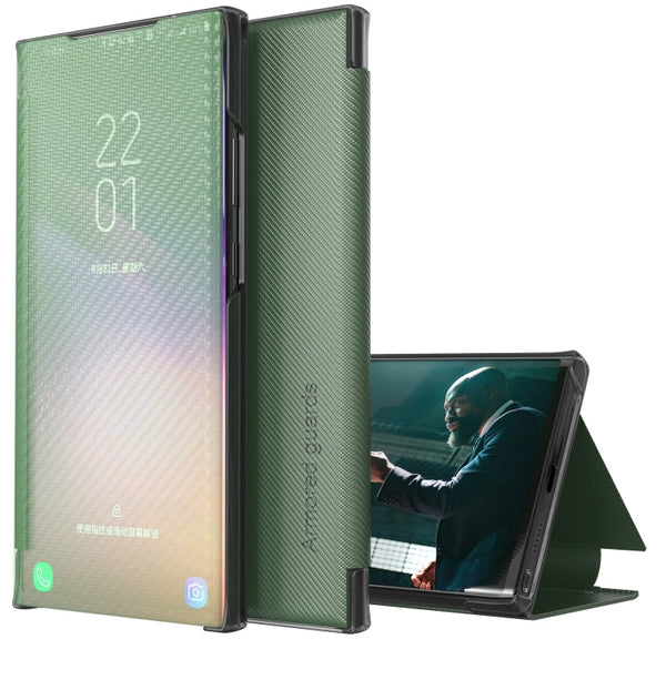 For Samsung Galaxy S21 FE Carbon Fiber Texture View Time Horizontal Flip Leather Case with Holder & Touch Call Display ID(Green)