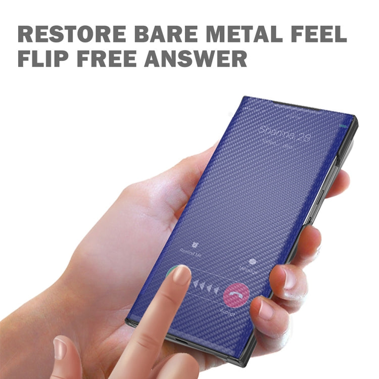 For Samsung Galaxy S21 FE Carbon Fiber Texture View Time Horizontal Flip Leather Case with Holder & Touch Call Display ID(Blue)
