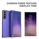 For Samsung Galaxy S21 FE Carbon Fiber Texture View Time Horizontal Flip Leather Case with Holder & Touch Call Display ID(Yellow)
