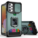 For Samsung Galaxy A32 4G Sliding Camera Cover Design PC + TPU Shockproof Case with Ring Holder & Card Slot(Dark Green)