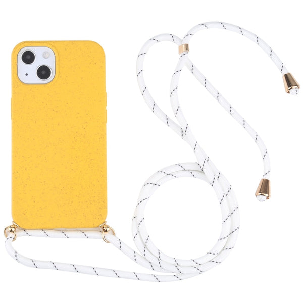 Wheat Straw Material + TPU Shockproof Case with Neck Lanyard For iPhone 13 mini(Yellow)