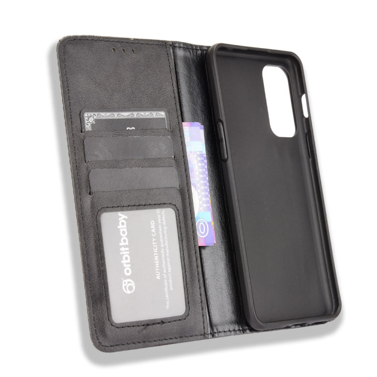 For OnePlus Nord 2 5G Magnetic Buckle Retro Crazy Horse Texture Horizontal Flip Leather Case with Holder & Card Slots & Photo Frame(Black)