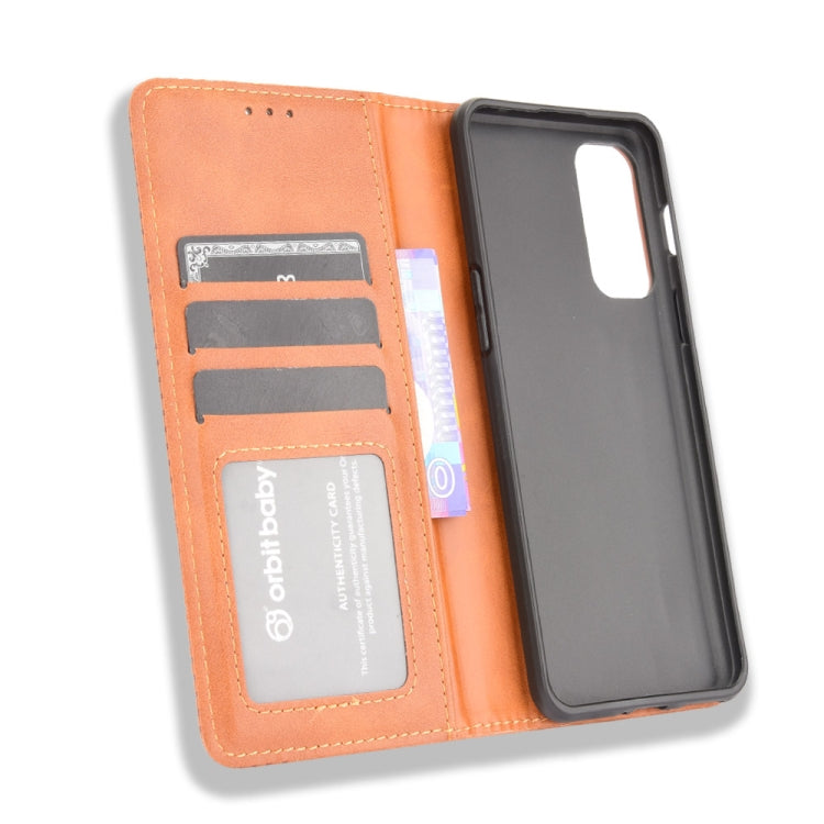 For OnePlus Nord 2 5G Magnetic Buckle Retro Crazy Horse Texture Horizontal Flip Leather Case with Holder & Card Slots & Photo Frame(Brown)