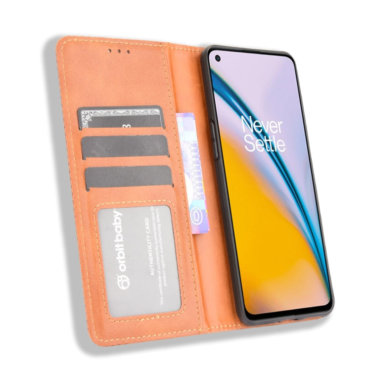 For OnePlus Nord 2 5G Magnetic Buckle Retro Crazy Horse Texture Horizontal Flip Leather Case with Holder & Card Slots & Photo Frame(Brown)