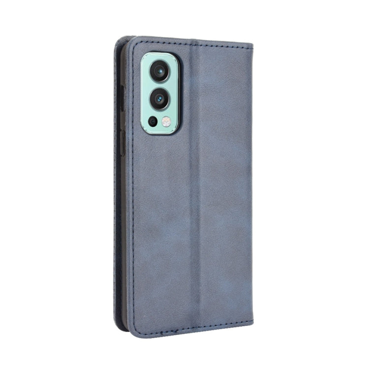 For OnePlus Nord 2 5G Magnetic Buckle Retro Crazy Horse Texture Horizontal Flip Leather Case with Holder & Card Slots & Photo Frame(Blue)