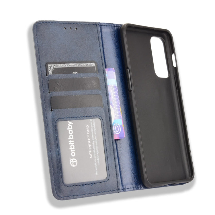 For OnePlus Nord 2 5G Magnetic Buckle Retro Crazy Horse Texture Horizontal Flip Leather Case with Holder & Card Slots & Photo Frame(Blue)