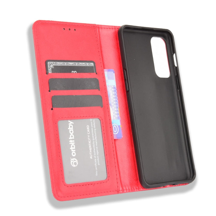 For OnePlus Nord 2 5G Magnetic Buckle Retro Crazy Horse Texture Horizontal Flip Leather Case with Holder & Card Slots & Photo Frame(Red)