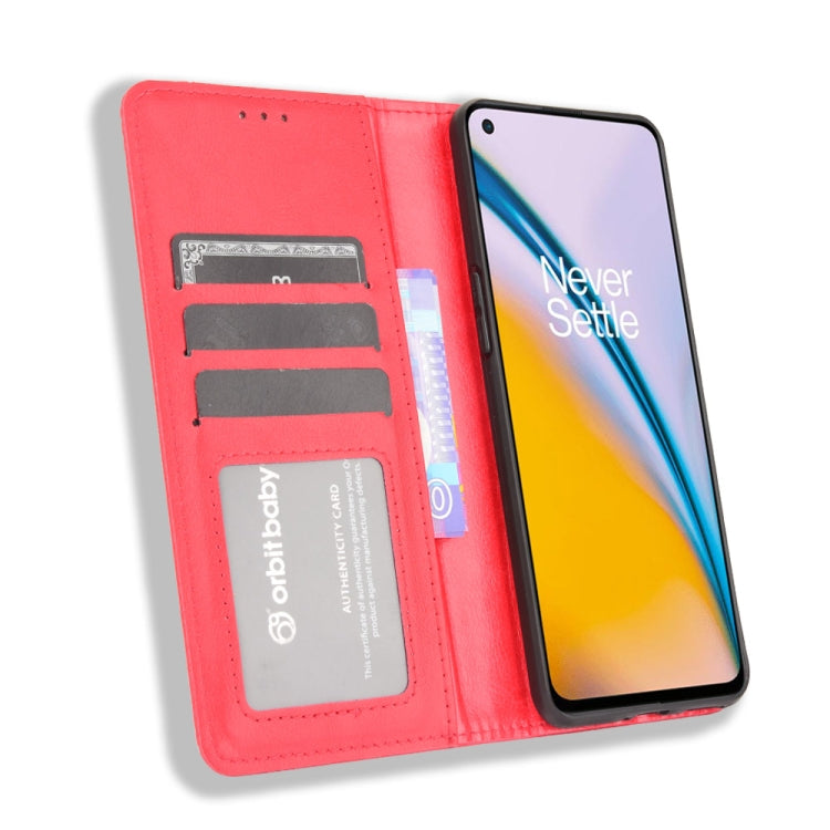 For OnePlus Nord 2 5G Magnetic Buckle Retro Crazy Horse Texture Horizontal Flip Leather Case with Holder & Card Slots & Photo Frame(Red)