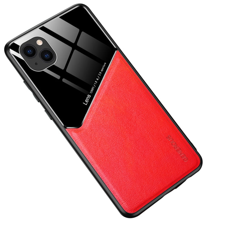 All-inclusive Leather + Organic Glass Protective Case with Metal Iron Sheet For iPhone 13(Red)