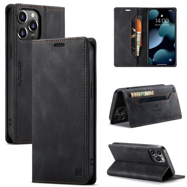 AutSpace A01 Retro Skin-feel Crazy Horse Texture Horizontal Flip Leather Case with Holder & Card Slots & Wallet & RFID For iPhone 13 Pro Max(Black)