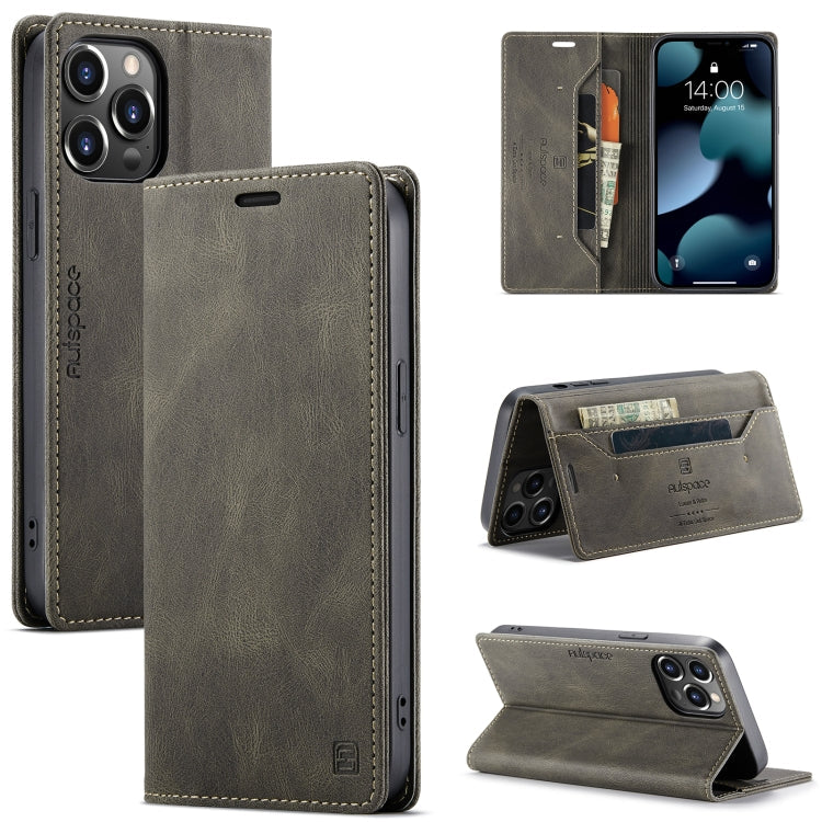 AutSpace A01 Retro Skin-feel Crazy Horse Texture Horizontal Flip Leather Case with Holder & Card Slots & Wallet & RFID For iPhone 13 Pro Max(Coffee)