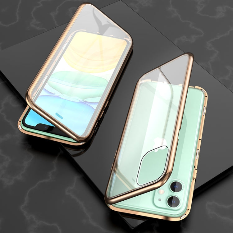For iPhone 11 Ultra Slim Double Sides Magnetic Adsorption Angular Frame Tempered Glass Magnet Flip Case(Gold)