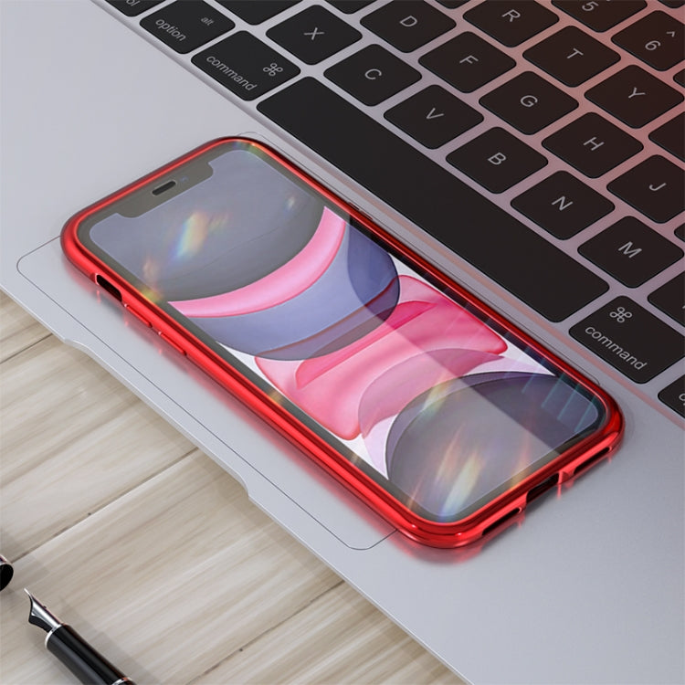 For iPhone 11 Ultra Slim Double Sides Magnetic Adsorption Angular Frame Tempered Glass Magnet Flip Case(Silver)