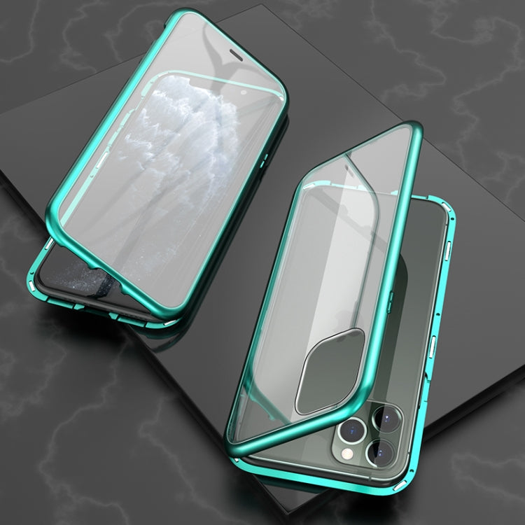 For iPhone 11 Pro Ultra Slim Double Sides Magnetic Adsorption Angular Frame Tempered Glass Magnet Flip Case(Green)