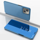Plated Mirror Horizontal Flip Leather Case with Holder For iPhone 13(Blue)