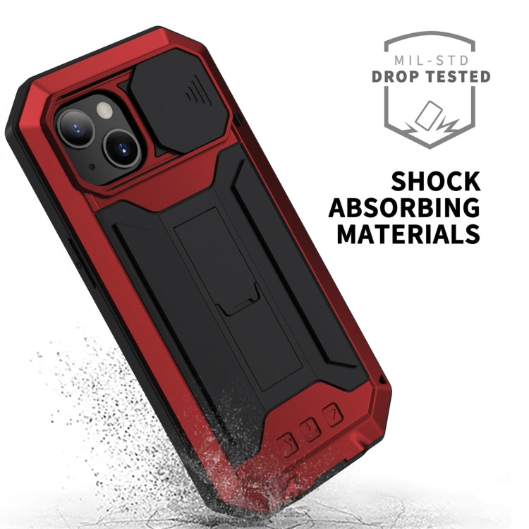 R-JUST Sliding Camera Shockproof Waterproof Dust-proof Metal + Silicone Protective Case with Holder For iPhone 13 mini(Red)