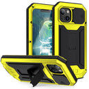 R-JUST Sliding Camera Shockproof Waterproof Dust-proof Metal + Silicone Protective Case with Holder For iPhone 13 mini(Yellow)