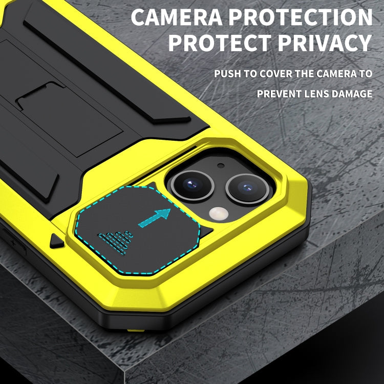 R-JUST Sliding Camera Shockproof Waterproof Dust-proof Metal + Silicone Protective Case with Holder For iPhone 13 mini(Yellow)