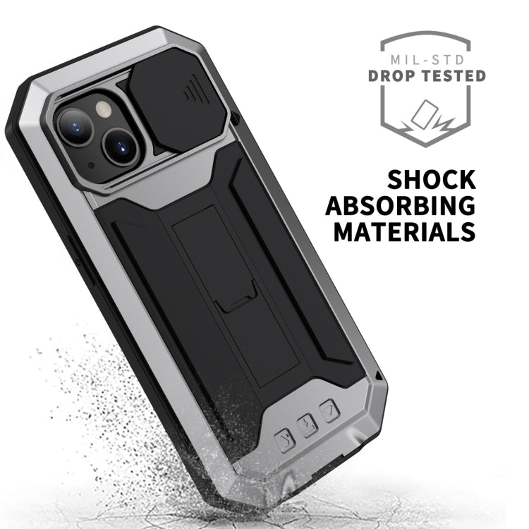 R-JUST Sliding Camera Shockproof Waterproof Dust-proof Metal + Silicone Protective Case with Holder For iPhone 13 mini(Silver)