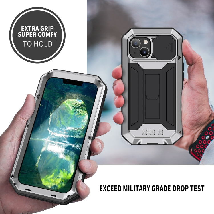 R-JUST Sliding Camera Shockproof Waterproof Dust-proof Metal + Silicone Protective Case with Holder For iPhone 13(Silver)