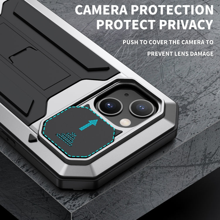 R-JUST Sliding Camera Shockproof Waterproof Dust-proof Metal + Silicone Protective Case with Holder For iPhone 13(Silver)