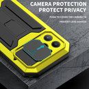 R-JUST Sliding Camera Shockproof Waterproof Dust-proof Metal + Silicone Protective Case with Holder For iPhone 13 Pro(Yellow)