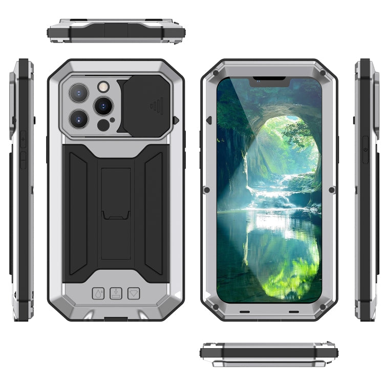 R-JUST Sliding Camera Shockproof Waterproof Dust-proof Metal + Silicone Protective Case with Holder For iPhone 13 Pro(Silver)