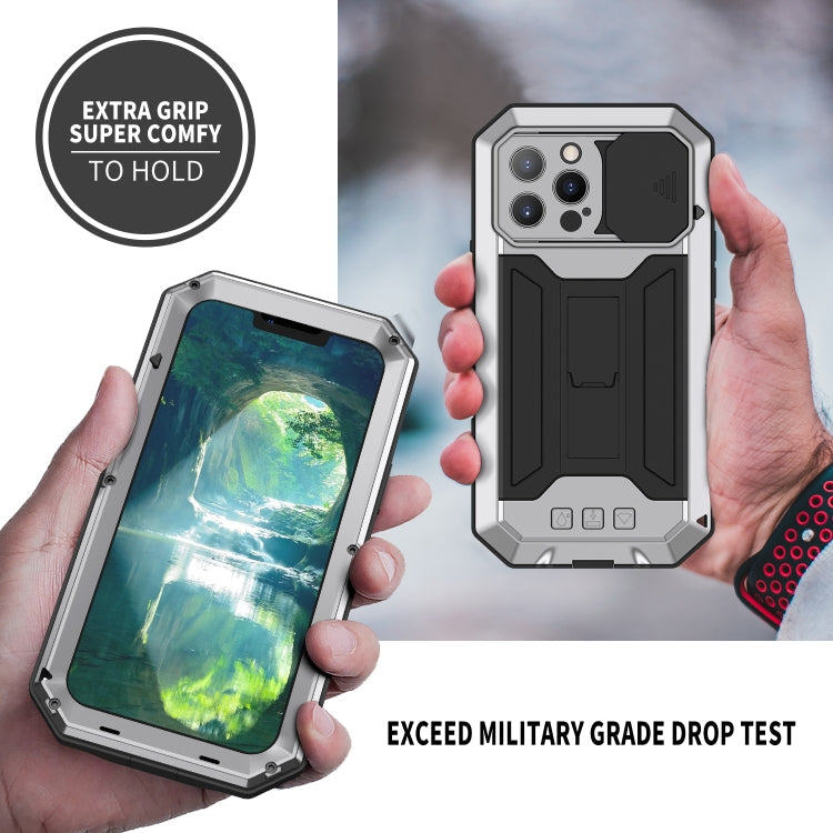 R-JUST Sliding Camera Shockproof Waterproof Dust-proof Metal + Silicone Protective Case with Holder For iPhone 13 Pro(Silver)