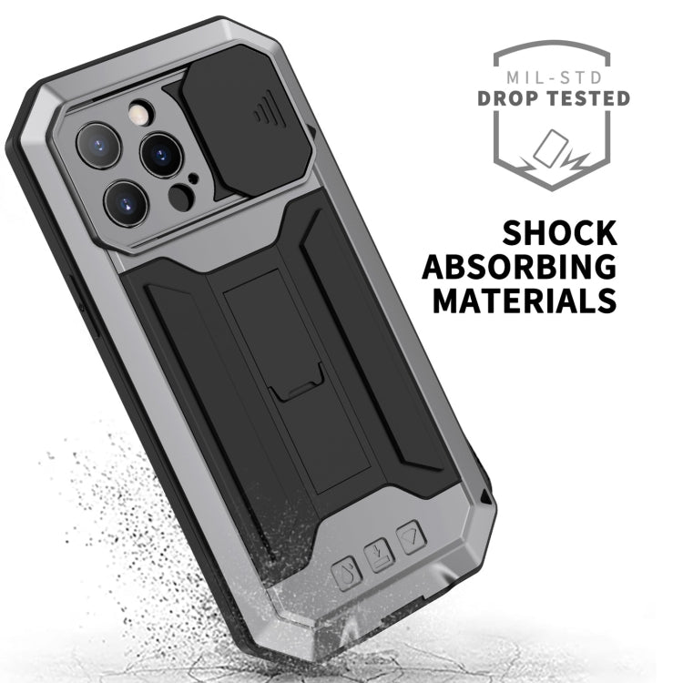 R-JUST Sliding Camera Shockproof Waterproof Dust-proof Metal + Silicone Protective Case with Holder For iPhone 13 Pro(Silver)