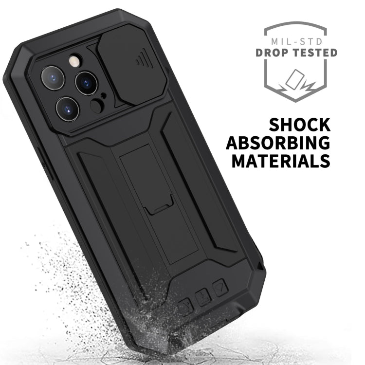 R-JUST Sliding Camera Shockproof Waterproof Dust-proof Metal + Silicone Protective Case with Holder For iPhone 13 Pro Max(Black)