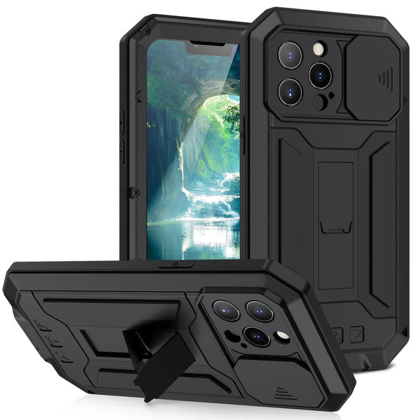 R-JUST Sliding Camera Shockproof Waterproof Dust-proof Metal + Silicone Protective Case with Holder For iPhone 13 Pro Max(Black)