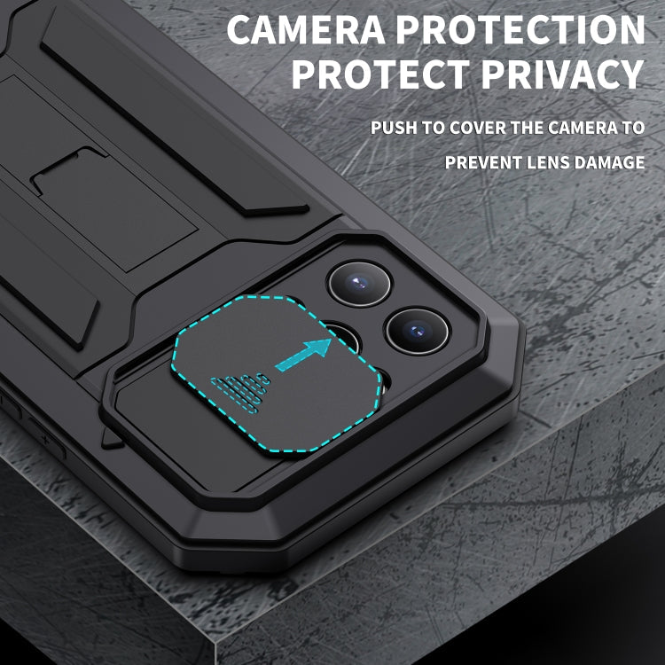R-JUST Sliding Camera Shockproof Waterproof Dust-proof Metal + Silicone Protective Case with Holder For iPhone 13 Pro Max(Black)